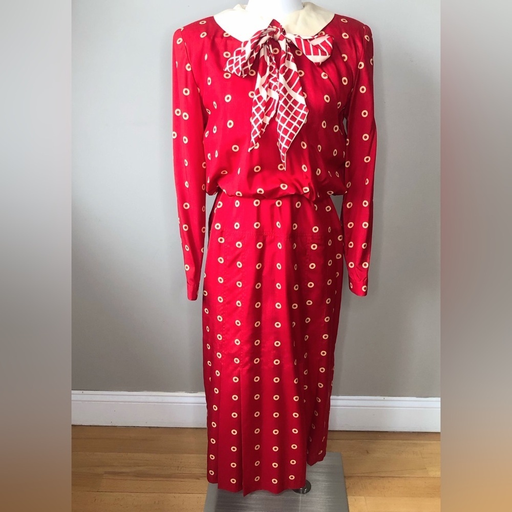 Vintage 70s Red & Ivory Polka Dot Front Tie Pleated Midi Silk Dress S